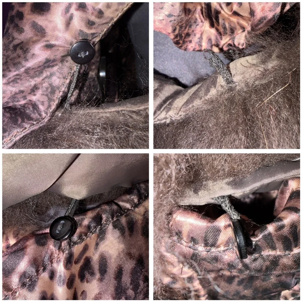 Tuleh Y2K Leopard Print Real Fur Trim Hooded Trench Coat M B35 W31 H38 DAMAGED
